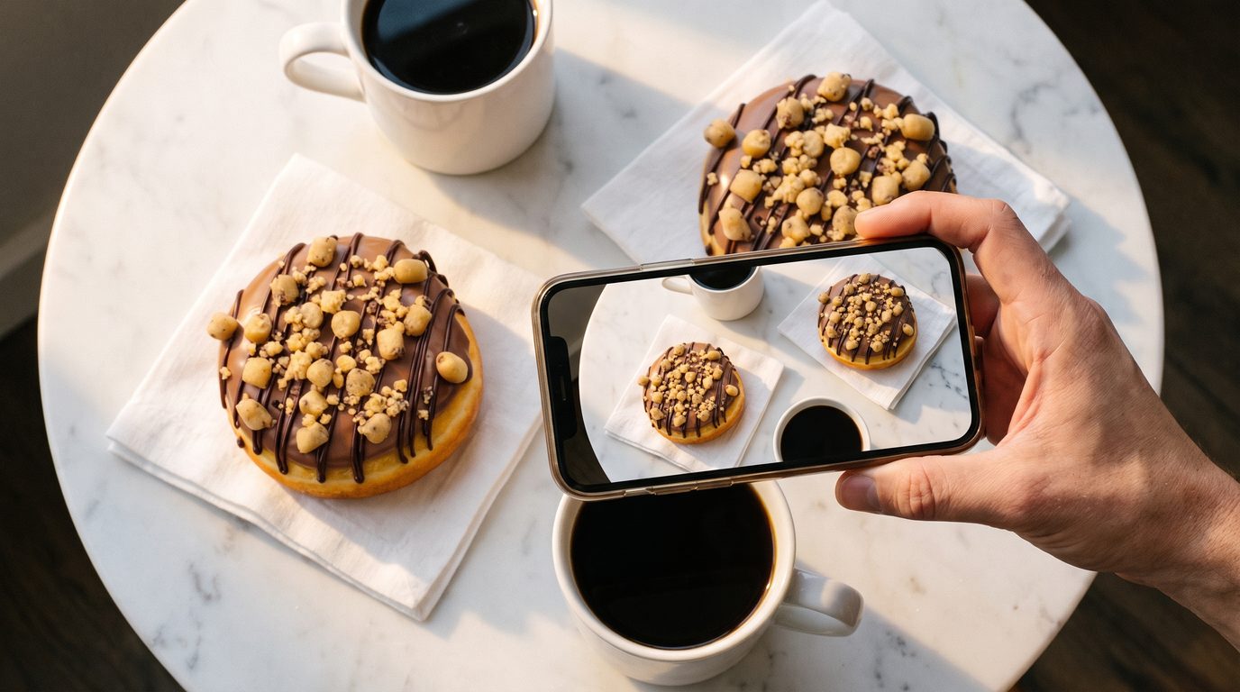 iemand fotografeert twee dunkin' cookie dough-donuts met koffie