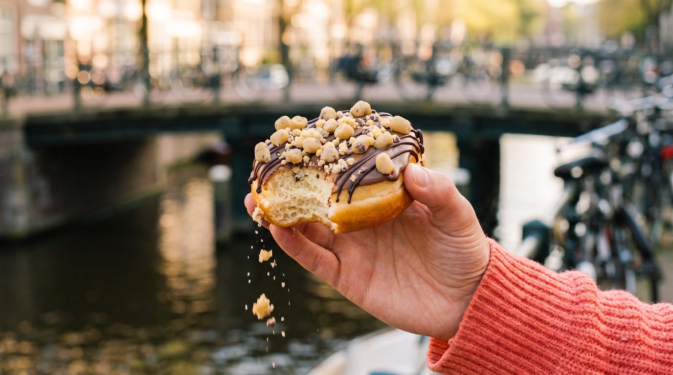 hand met een aangebeten cookie dough-donut aan de gracht