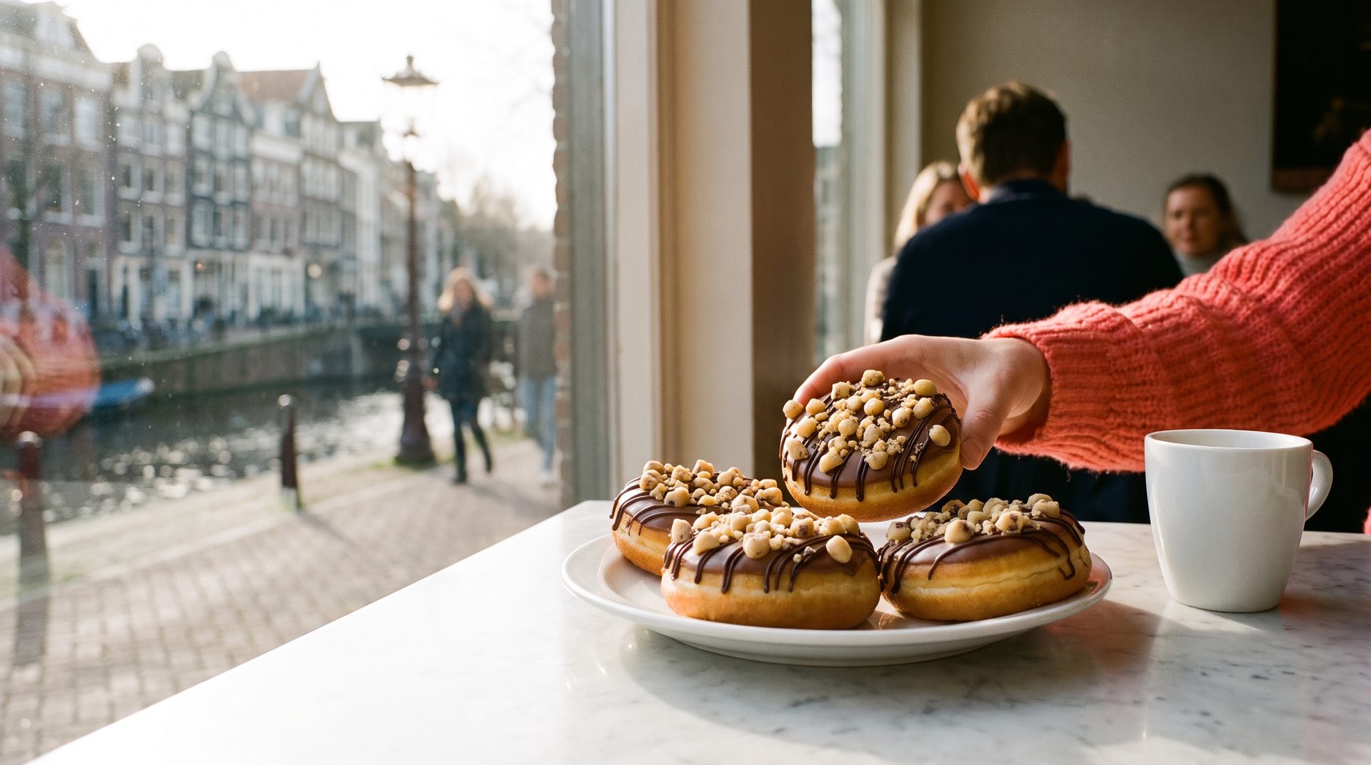 hand pakt een dunkin' cookie dough-donut van een bord bij een caféraam aan de gracht