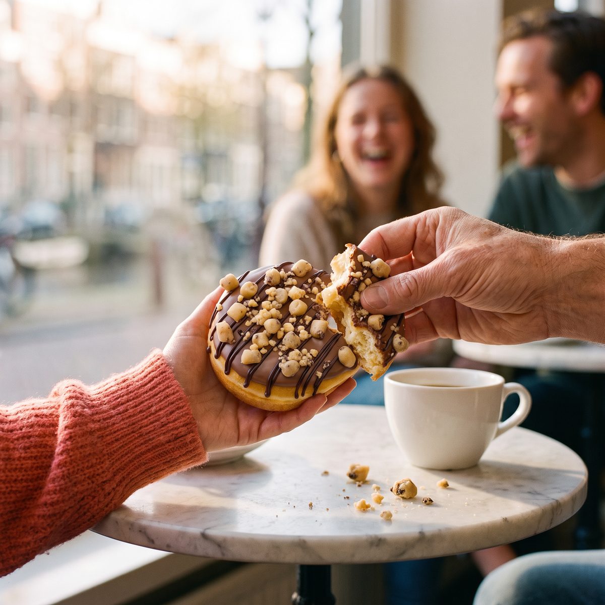 twee handen delen een dunkin' cookie dough-donut aan een cafétafel
