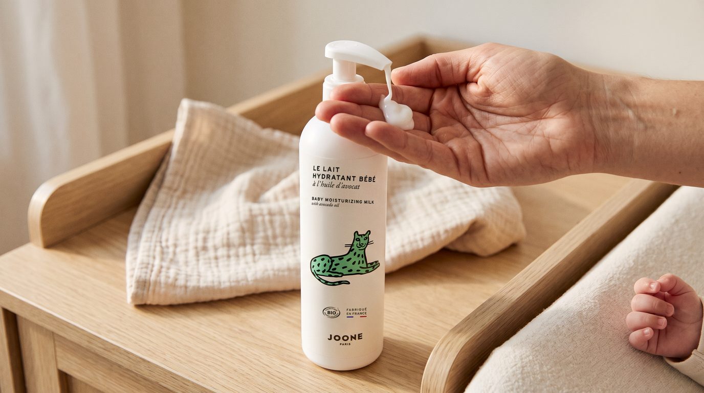 hand pompt joone lait hydratant bébé op een commode naast een babyhandje