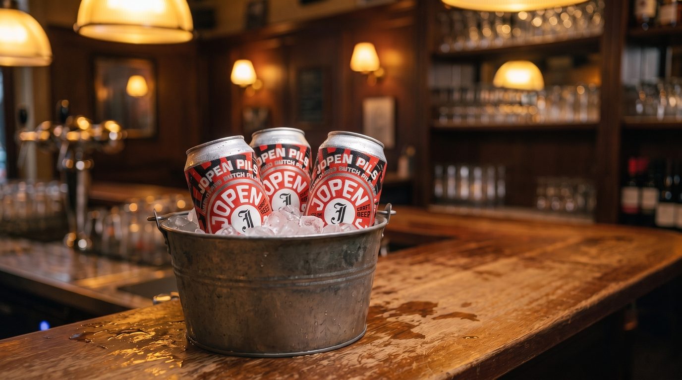 emmer met ijs en blikken jopen pils op een bruine-cafébar