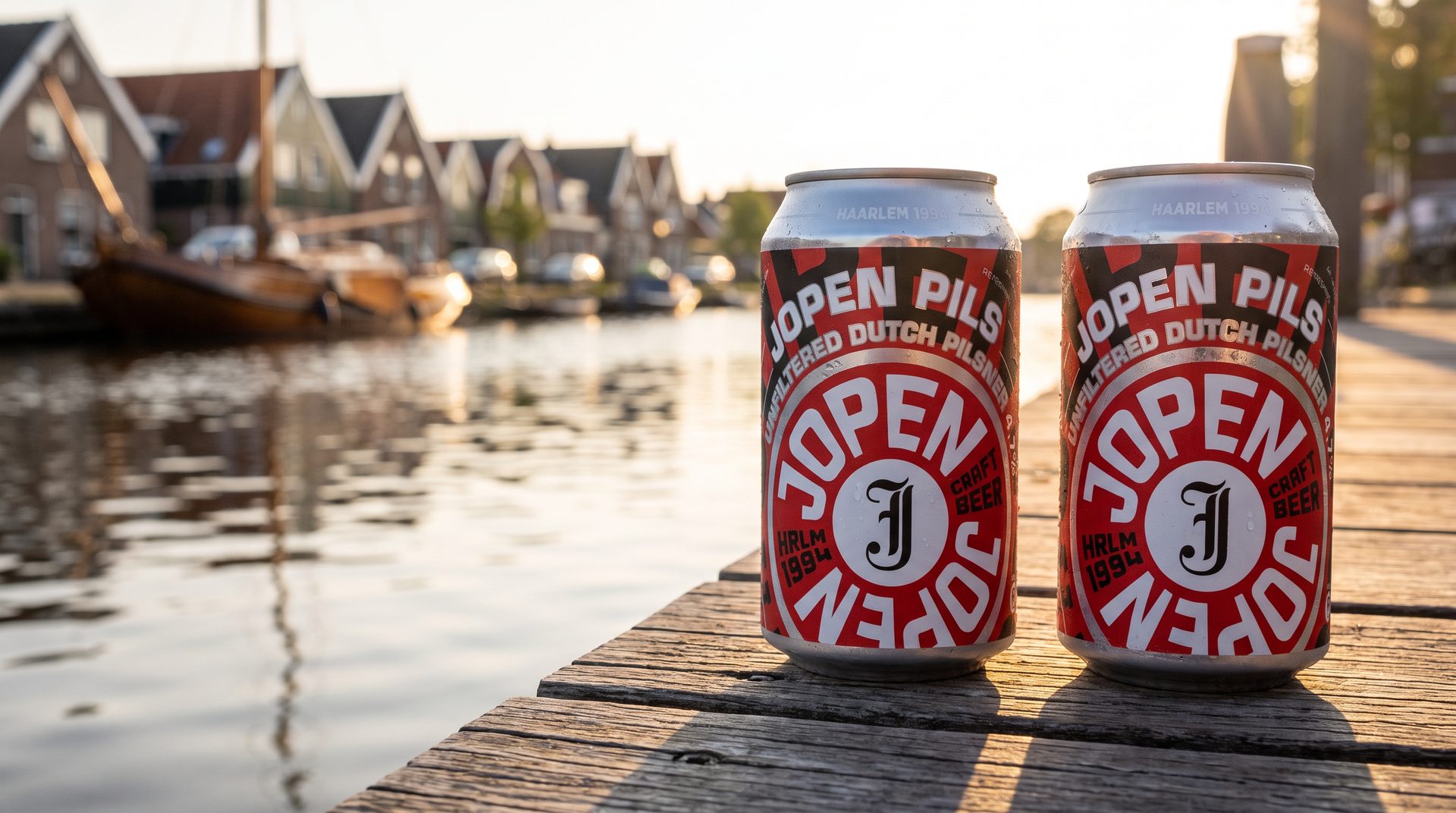 twee blikken jopen pils op een steiger aan het water bij laag avondlicht