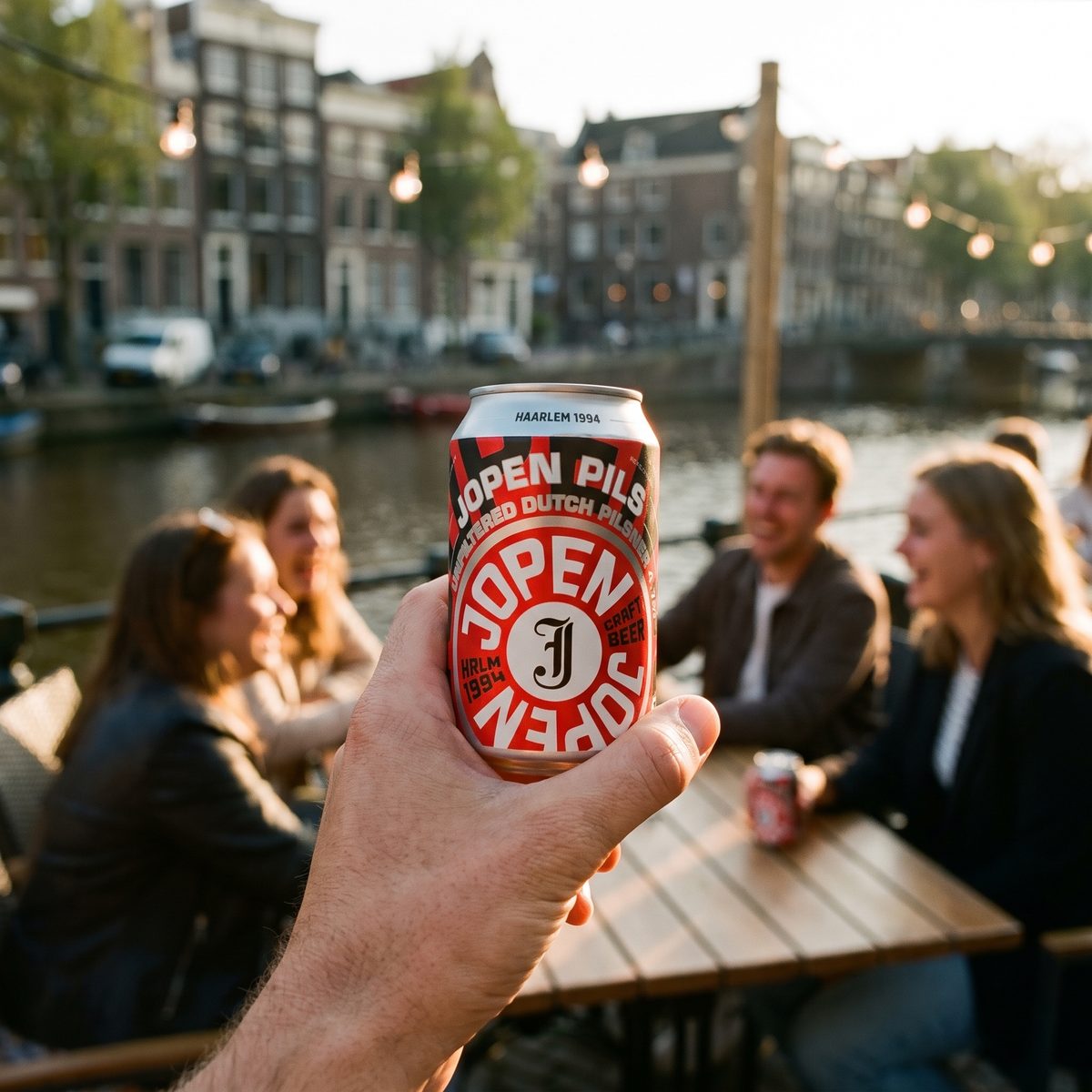 hand met een blik jopen pils op een terras aan de gracht