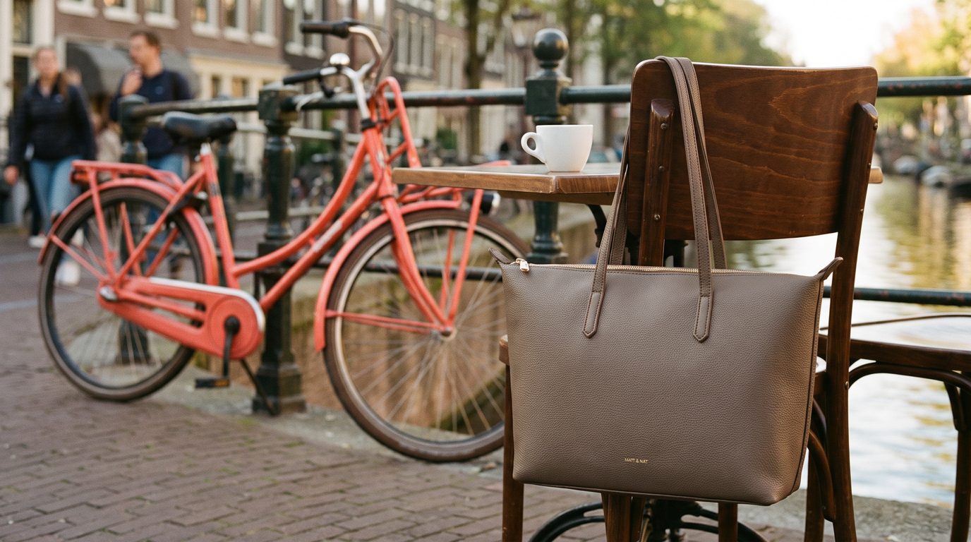matt & nat abbi-tas aan een stoel op een terras aan de gracht