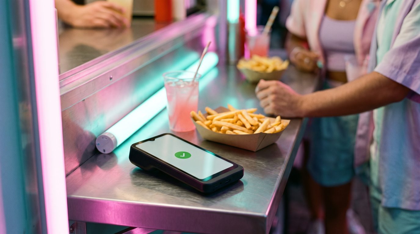 betaalterminal op een toonbank met friet en een roze drankje