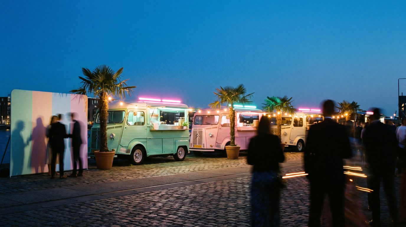 betalen met de telefoon aan het loket van een mintgroene foodtruck