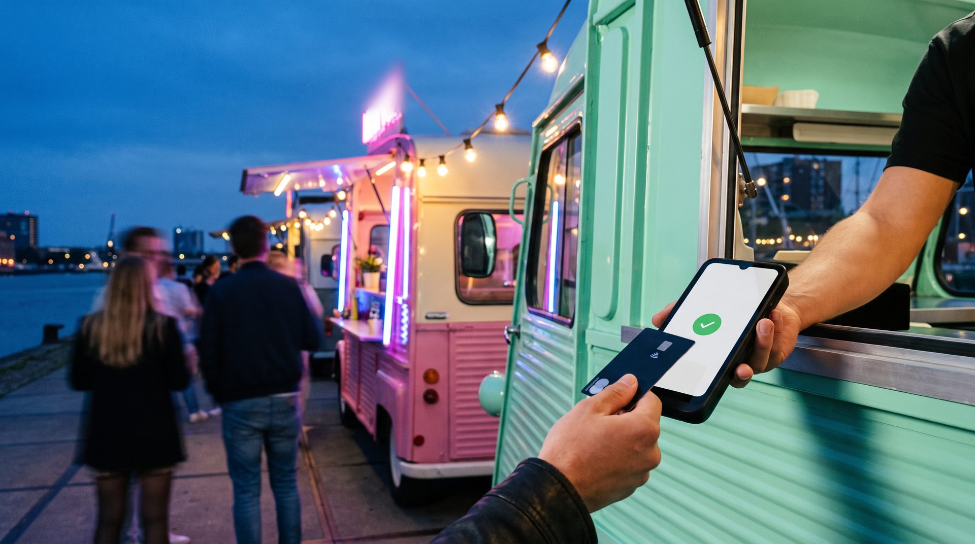 foodtrucks aan het water bij schemer met gasten