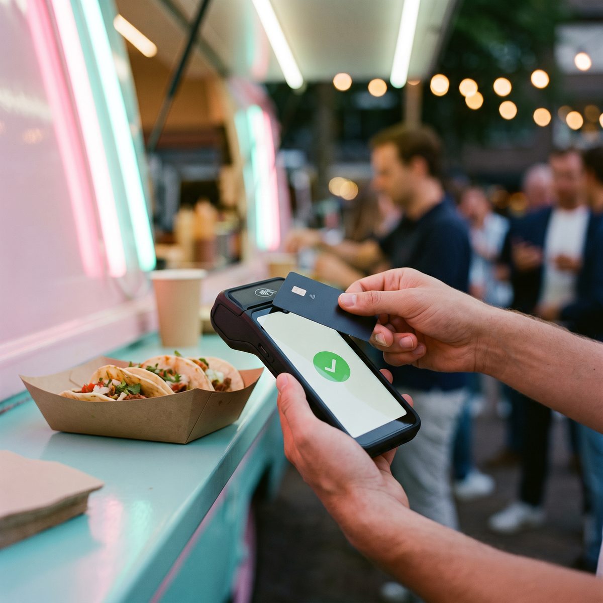 pas tegen een betaalterminal met een groen vinkje bij een foodtruck