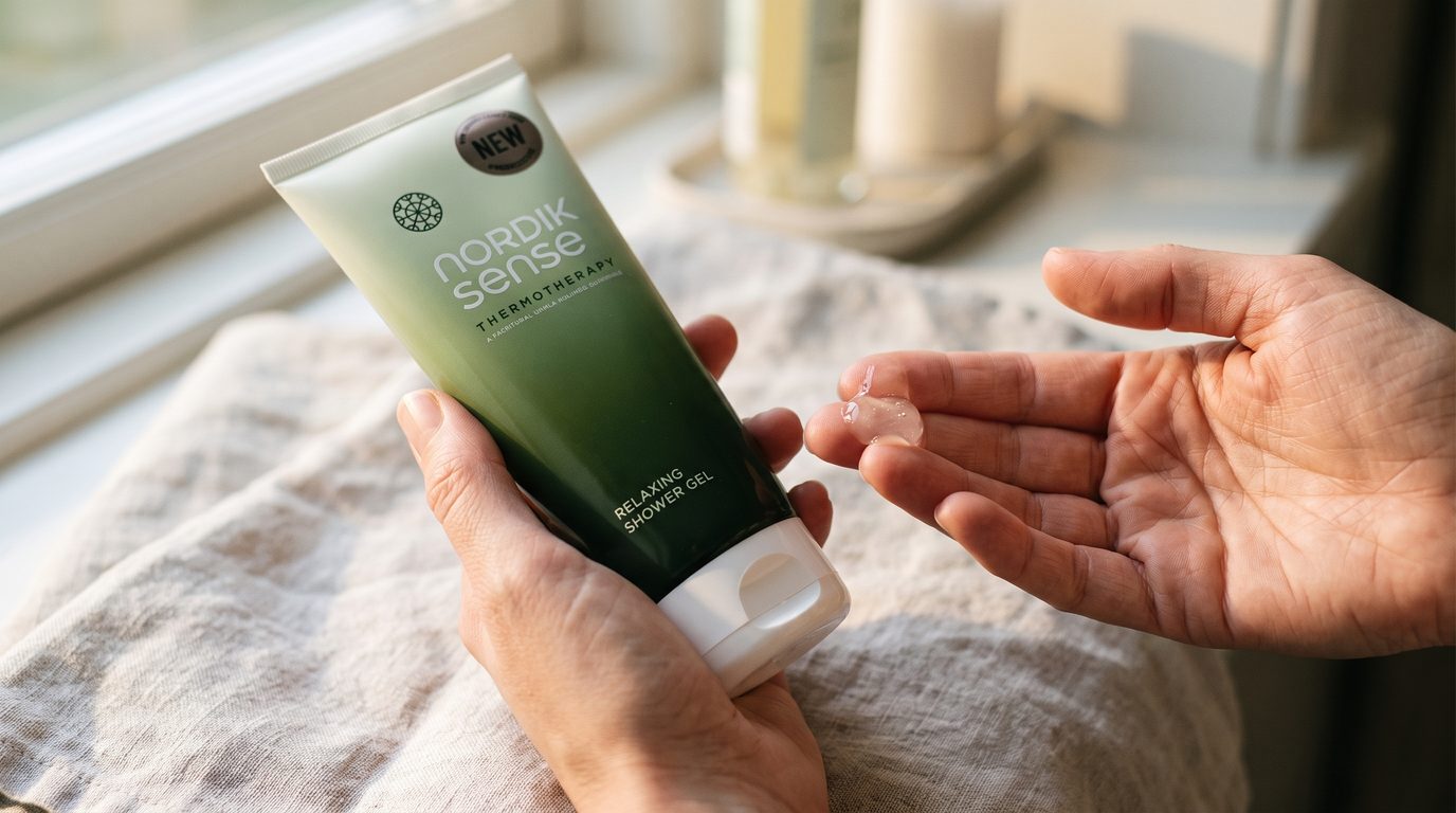 hand met de groene tube van nordik sense boven een linnen doek