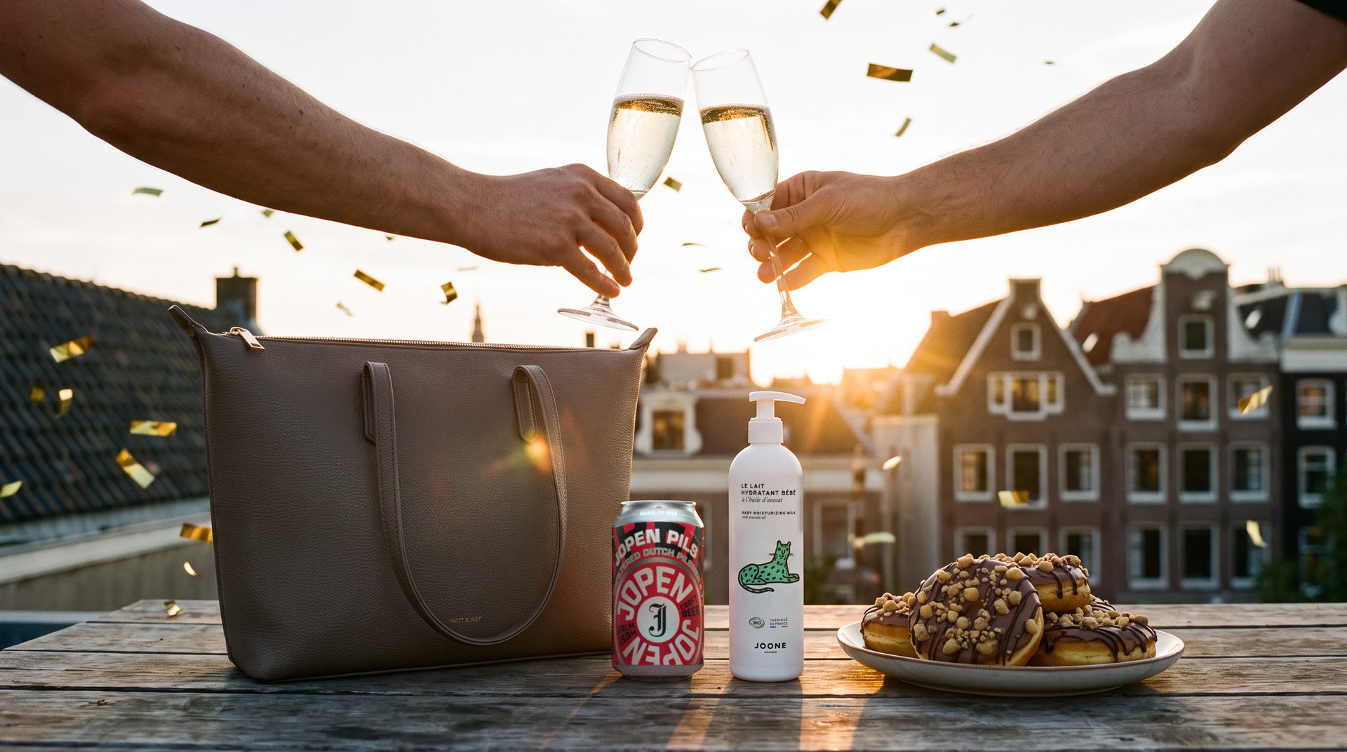 twee handen proosten met champagne boven een dakterras met de tas, het bier, de babylotion en de donuts uit de cases