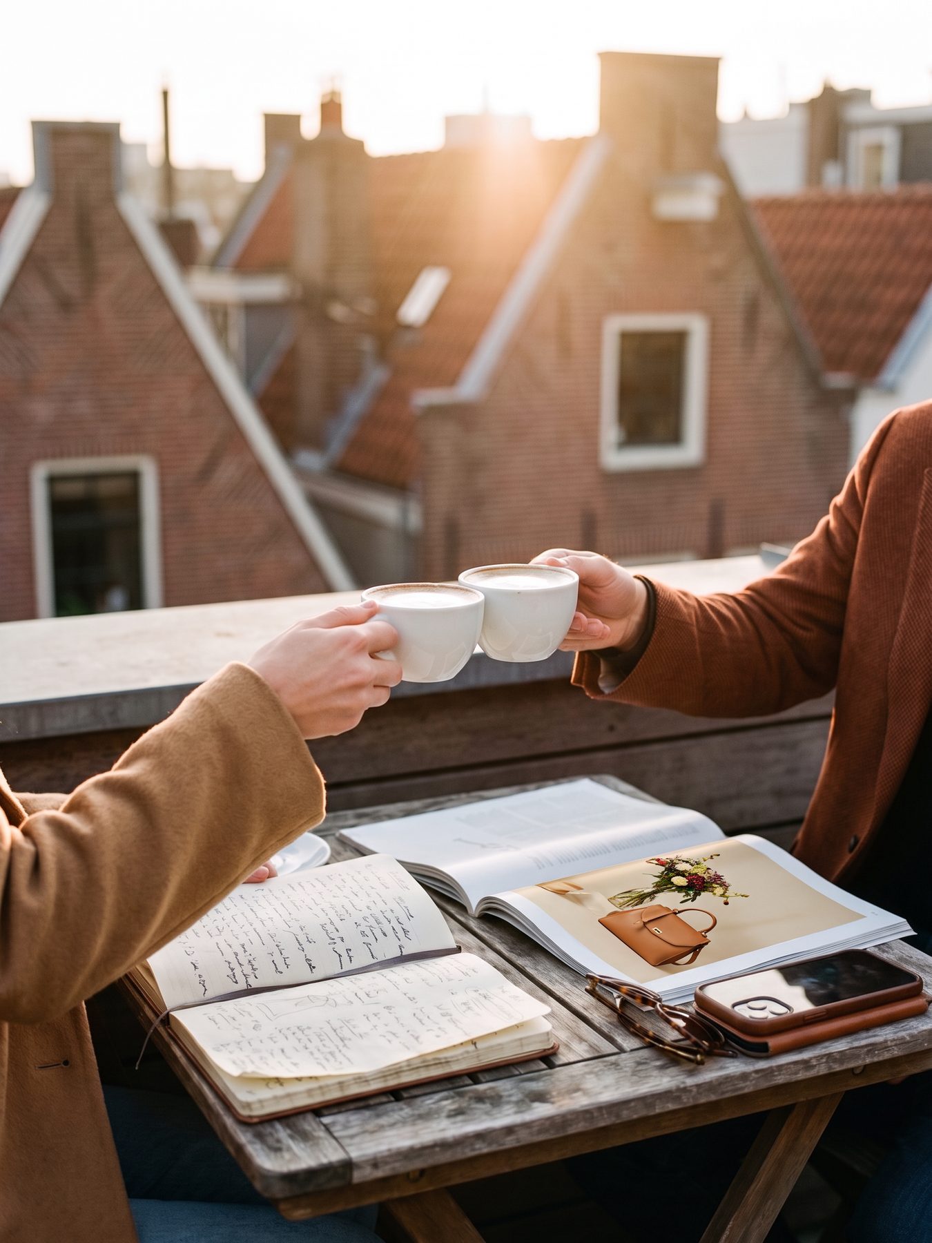 twee handen proosten met koffie boven een notitieboek en een tijdschrift